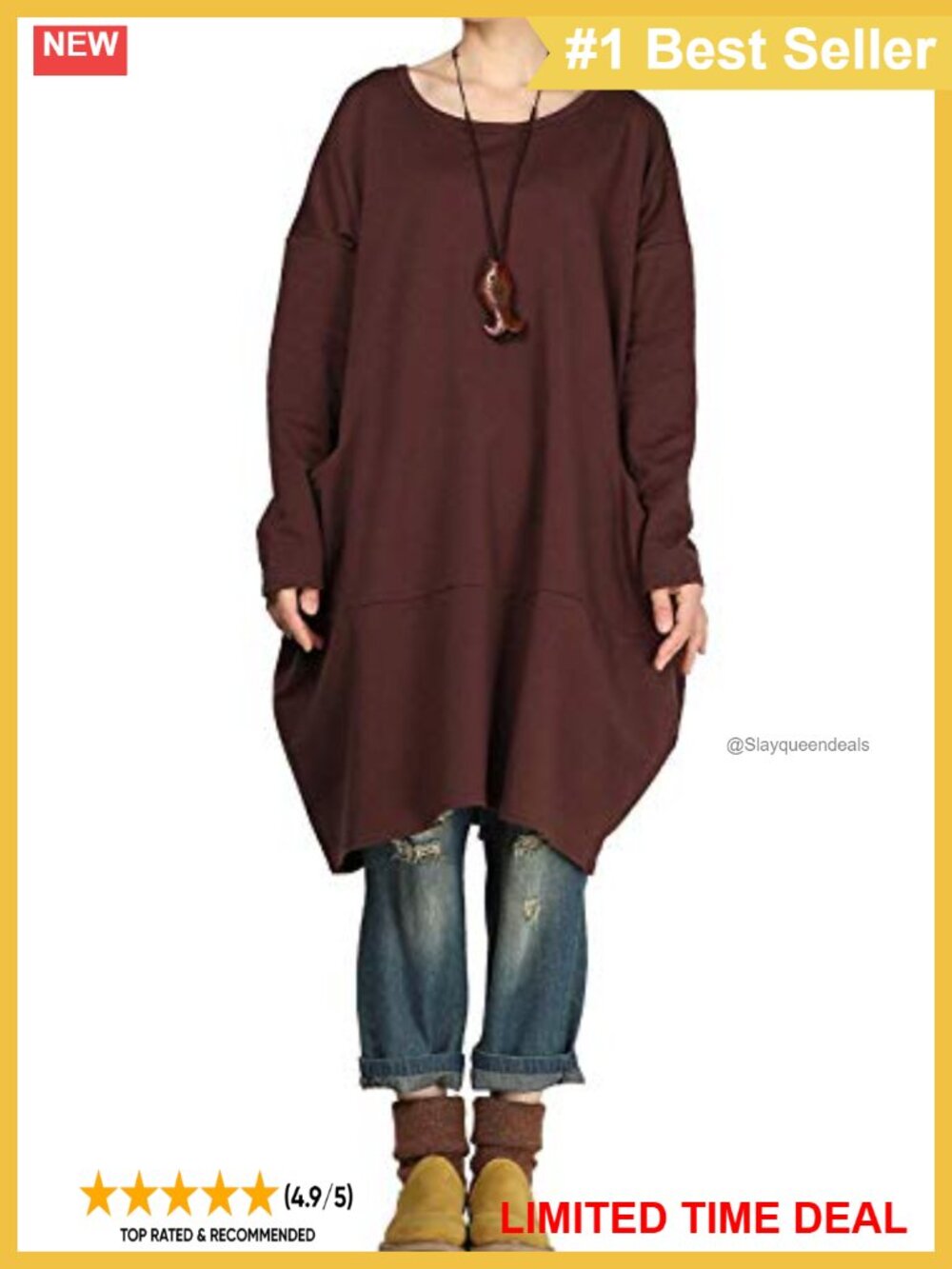 Oversized Crewneck Sweatshirt Loose Fit Long Sleeve Tunic Pullover Pocket